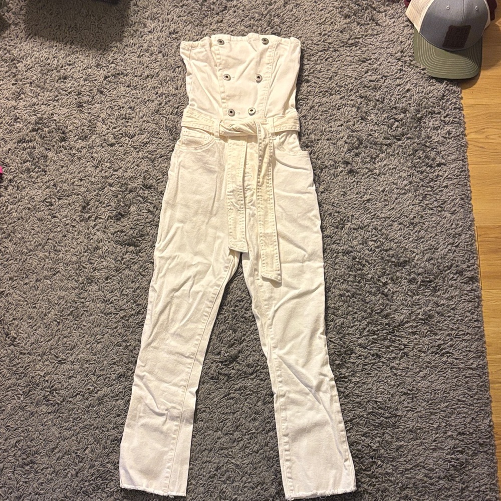 Kittenish White Denim Strapless Jumpsuit with Belt
